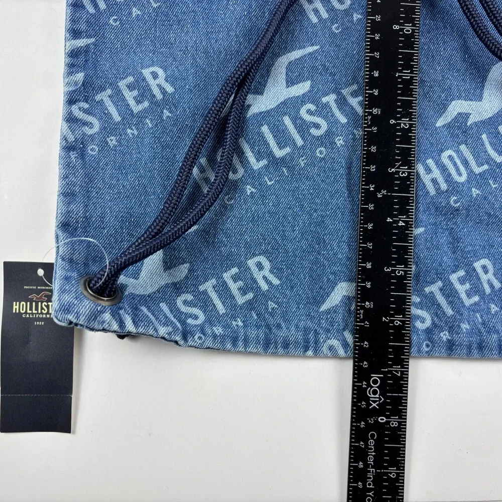 New Hollister Drawstring Backpack Unisex OS Blue Denim Logo Cinch Bag Y2K Casual